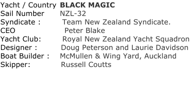 Yacht / Country	 BLACK MAGIC	 Sail Number	 NZL-32 	 Syndicate :	  Team New Zealand Syndicate.	 CEO	                  Peter Blake	 Yacht Club:	  Royal New Zealand Yacht Squadron	 Designer :	         Doug Peterson and Laurie Davidson	 Boat Builder :	 McMullen & Wing Yard, Auckland	 Skipper:	         Russell Coutts