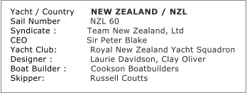Yacht / Country	NEW ZEALAND / NZL	 Sail Number	         NZL 60	 Syndicate :	        Team New Zealand, Ltd	 CEO	                 Sir Peter Blake	 Yacht Club:	         Royal New Zealand Yacht Squadron	 Designer :	         Laurie Davidson, Clay Oliver	 Boat Builder :	Cookson Boatbuilders			 Skipper:	         Russell Coutts